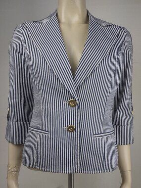 St. John blue white striped tabbed sleeve button front blazer jacket womens 4